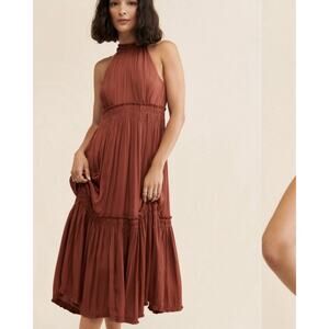 Anthropologie Tiered Halter Midi Dress Smocked Copper Brown Size 4
